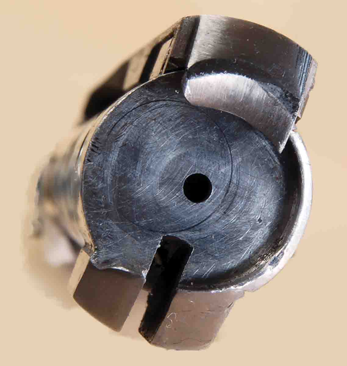 An M1917 Enfield bolt face opened up for 416 Rigby. The steel ring is only .045-inch wide, with some broken off at the bottom.